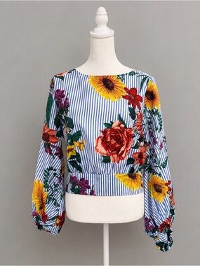 Jeuvre Floral Stripe Blouse Women’s Medium Blue Tie Back Balloon Sleeve Top
